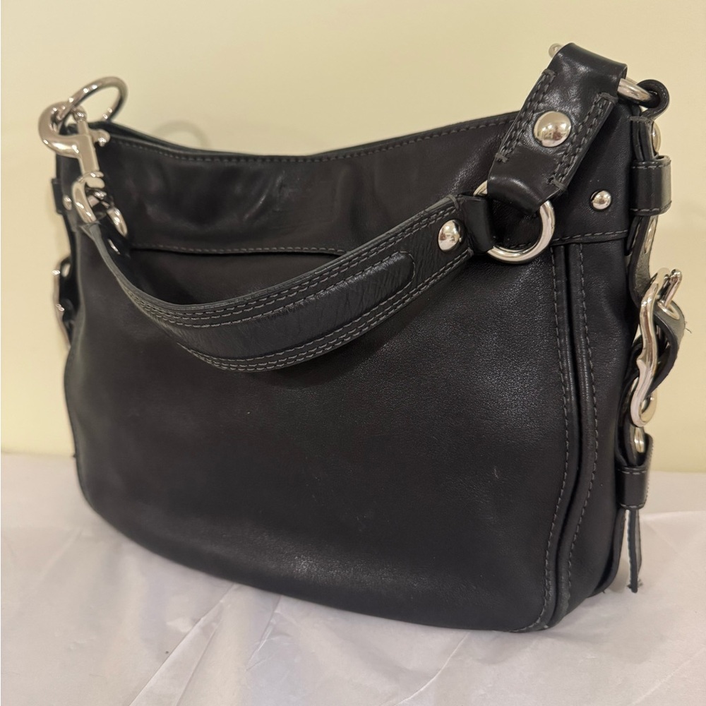 Coach Black Leather Shoulder Bag with Silver Accents